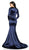 Flair Prom - 19144 Illusion Plunging Neck Long Sleeve Mermaid Gown In Blue
