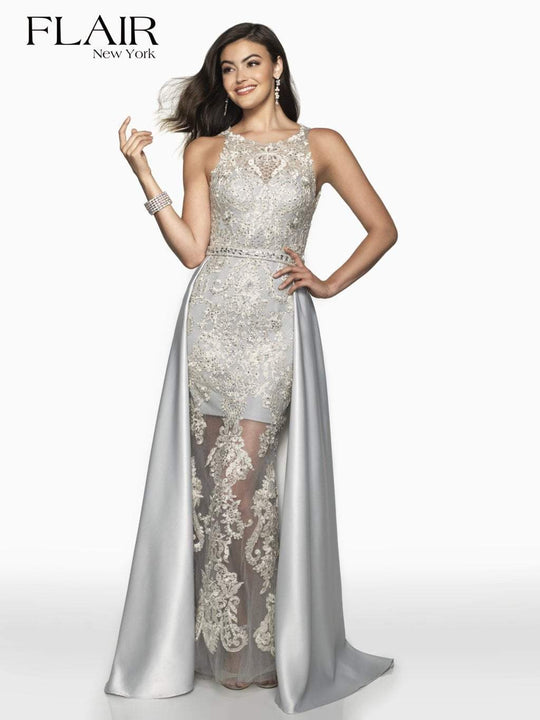 Flair Prom - 19147 Applique Halter Trumpet Dress With Overskirt In Gray