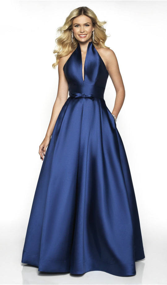 Flair Prom - 19148 Plunging High Halter Mikado Ballgown In Blue