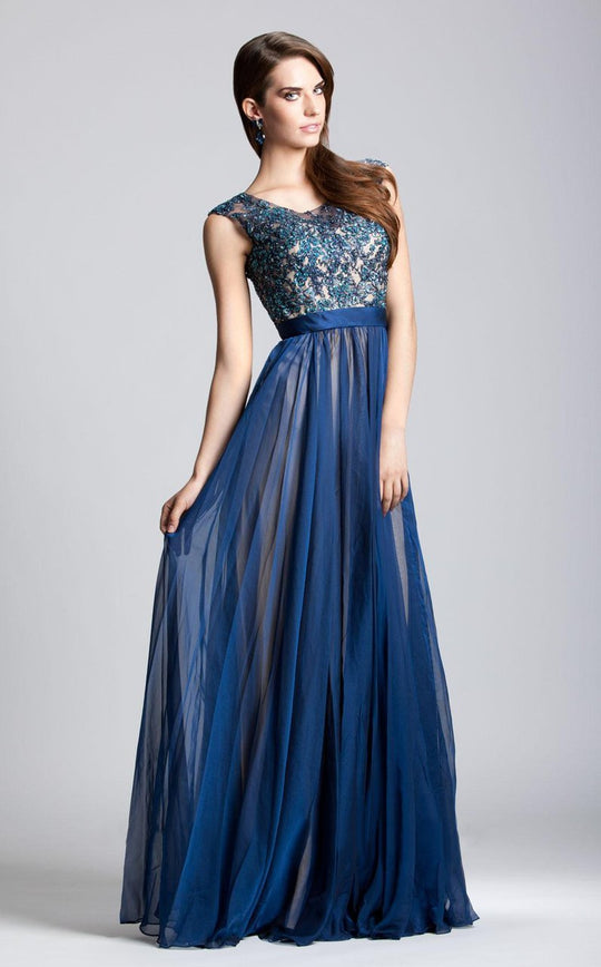 La Femme - 19150 Lustrous Lace Embellished Evening Gown In Blue