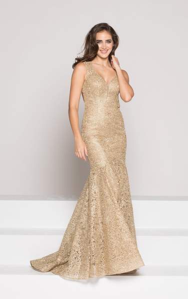 Colors Dress - Lace V-neck Sheath Dress 1915 In Gold