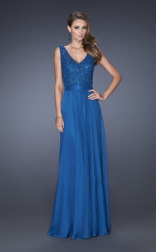 La Femme - 19179 Jeweled V-neck A-line Dress In Blue