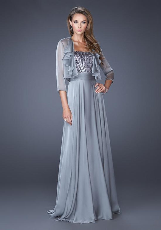 La Femme Strapless Jeweled Chiffon Dress with Bolero in Silver