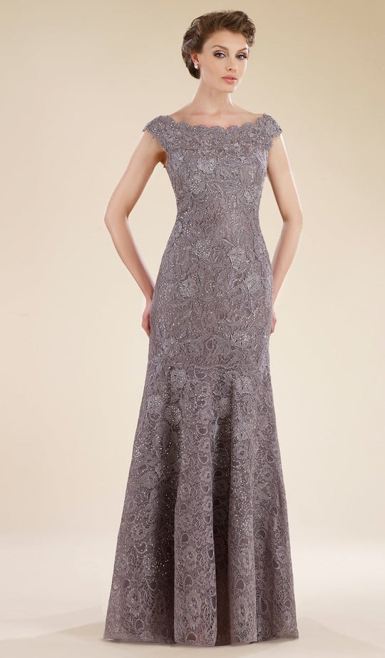 Rina Di Montella - RD1919 Lace Applique Scalloped Bateau Trumpet Dress in Gray