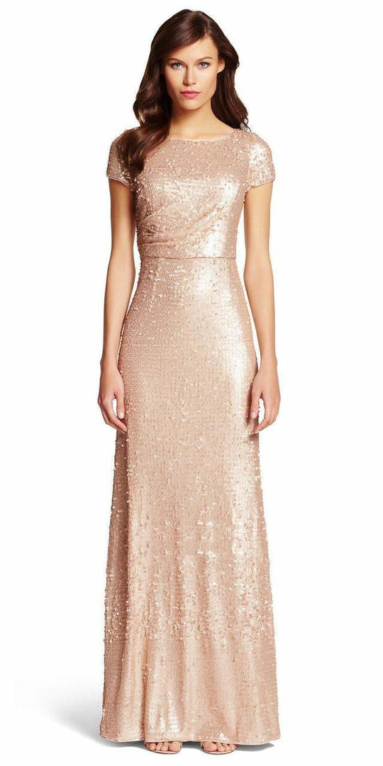 Adrianna Papell - 191917080 Sequin Bateau Short Sleeves Dress in Neutral