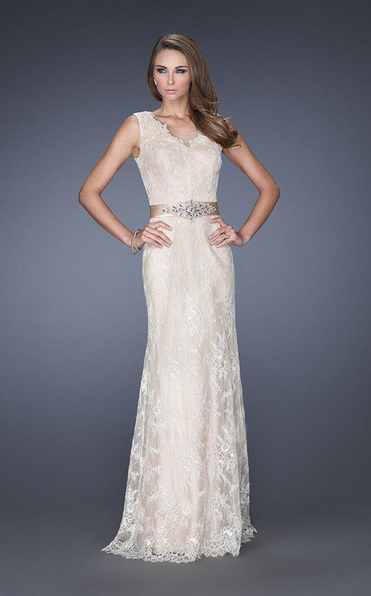La Femme - 19191 Sleeveless V Neck Lace Sheath Long Gown In Neutral
