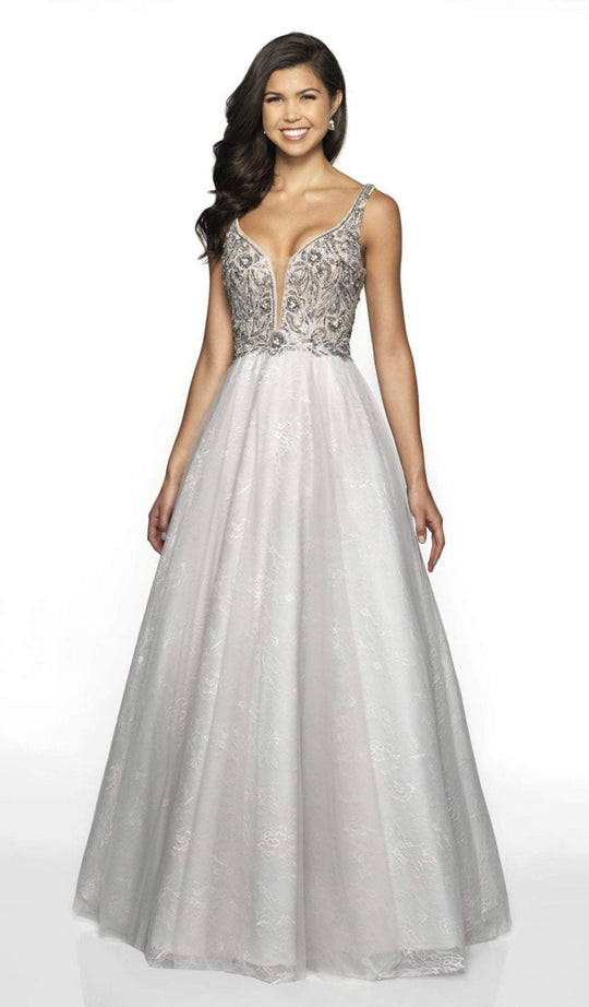 Flair Prom - 19200 Lace Deep V-neck Tulle Ballgown In Silver and Neutral
