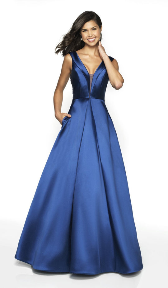 Flair Prom - 19202 Plunging V-Neck A-Line Gown In Blue