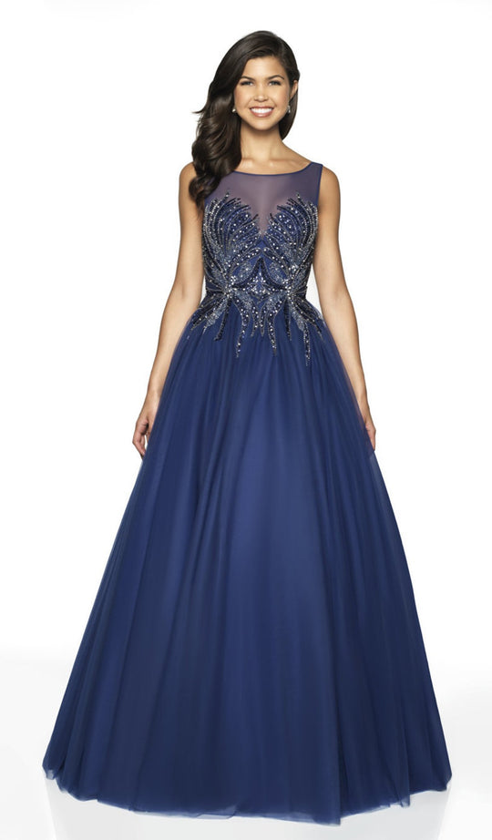Flair Prom - 19205 Embellished Illusion Bateau Tulle Ballgown In Blue