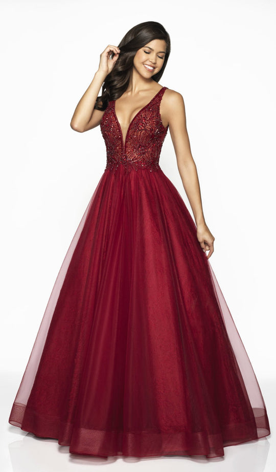 Flair Prom - 19206 Embellished Lace Deep V-neck Tulle Ballgown In Red