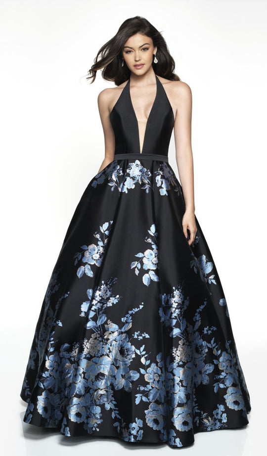 Flair Prom - 19207 Deep Halter V-neck Brocade Ballgown In Black and Blue