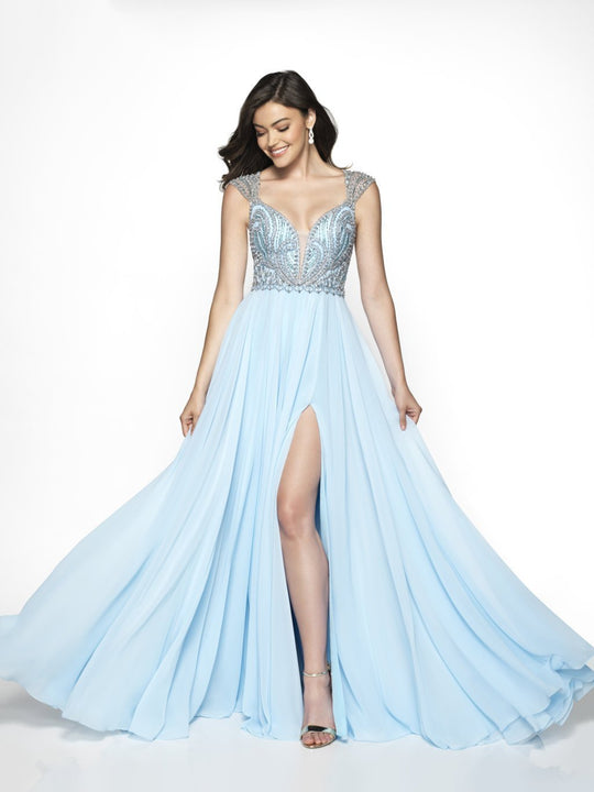 Flair Prom - 19209 Embellished Deep V-neck Chiffon A-line Dress In Blue