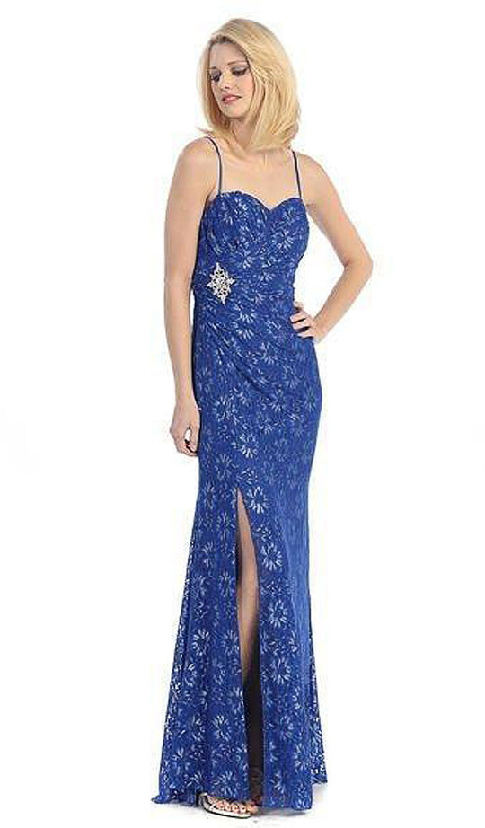 Eureka Fashion - 1920 Metallic Floral Sweetheart Sheath Dress In Blue