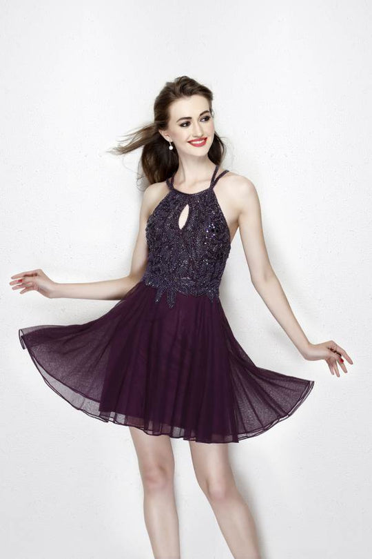 Primavera Couture - 1921 Beaded Halter A-line Dress In Purple