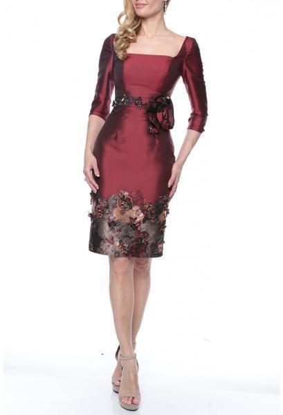 Terani Couture - 1921C0014 Applique Square Neck Sheath Dress In Red and Multi-Color
