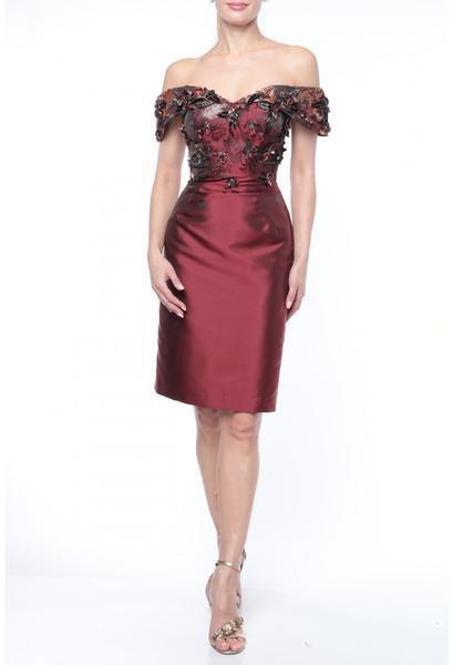 Terani Couture - 1921C0015 Applique Off-Shoulder Sheath Dress In Red and Multi-Color