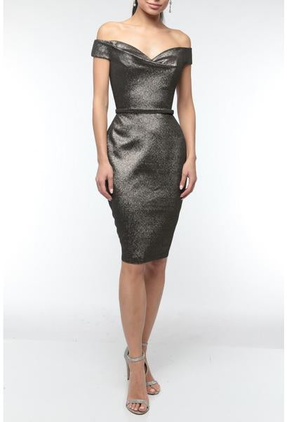 Terani Couture - 1921C0024 Off The Shoulder Metallic Knit Sheath Gown