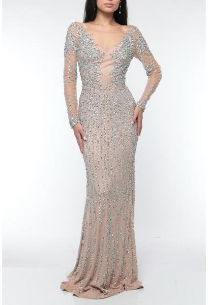 Terani Couture - 1921GL0612 Embellished Illusion Bateau Sheath Dress in Silver Nude