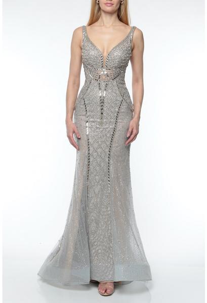 Terani Couture - 1921GL0621 Bead Textured Plunging V-Neck Trumpet Gown