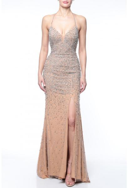 Terani Couture - 1921GL0624 Jewel Sprinkled High Slit Trumpet Gown