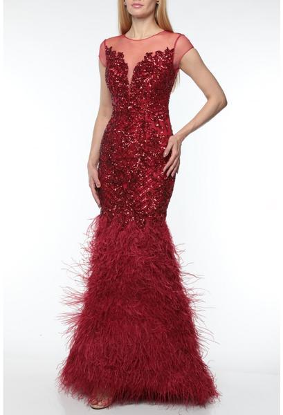 Terani Couture - 1921GL0641 Illusion Short Sleeve Feather-Fringed Gown