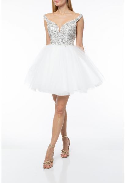 Terani Couture - 1921H0319 Crystal Embellished Off-Shoulder Dress In White and Silver