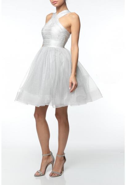 Terani Couture - 1921H0330 Halter Pleated A-Line Cocktail Dress In White and Silver