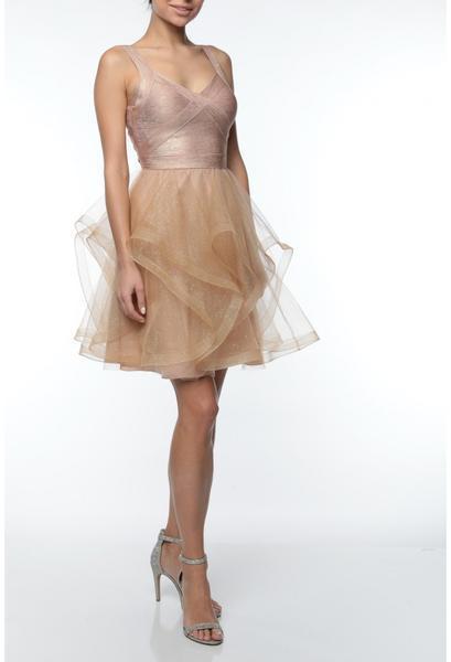 Terani Couture - 1921H0331 Banded Bodice Tiered Glitter A-Line Dress In Gold