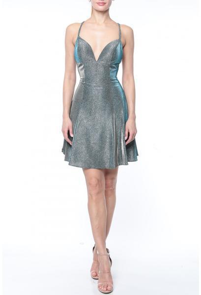Terani Couture - 1921H0336 Short Braid-Strapped Glitter A-Line Dress In Gray and Silver