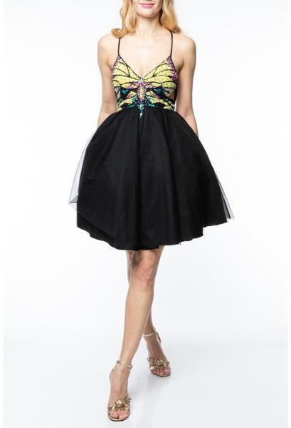 Terani Couture - 1921H0354 Embellished Plunging V-neck A-line Dress In Black and Multi-Color