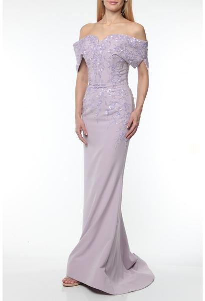 Terani Couture - 1921M0472 Off Shoulder Beaded Flowerettes Sheath Gown In Purple