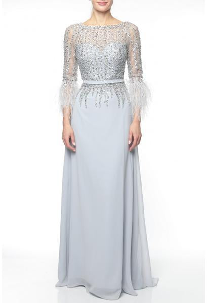 Terani Couture - 1921M0473 Feather-Fringed Quarter Sleeve Jeweled Gown In Silver
