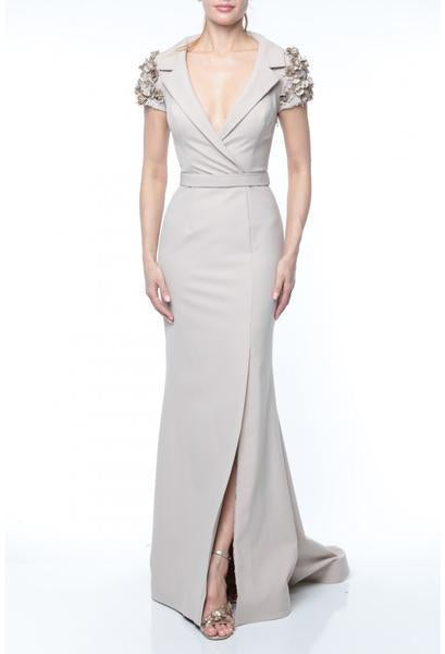 Terani Couture - 1921M0475 Floral Appliqued Short Sleeve Collared Gown In Brown