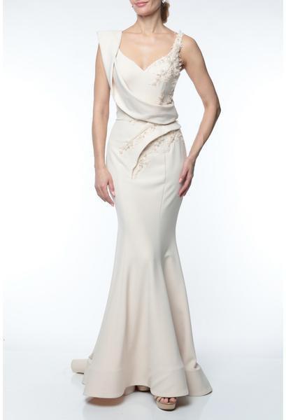 Terani Couture - 1921M0476 Applique Plunging V-neck Trumpet Gown In White
