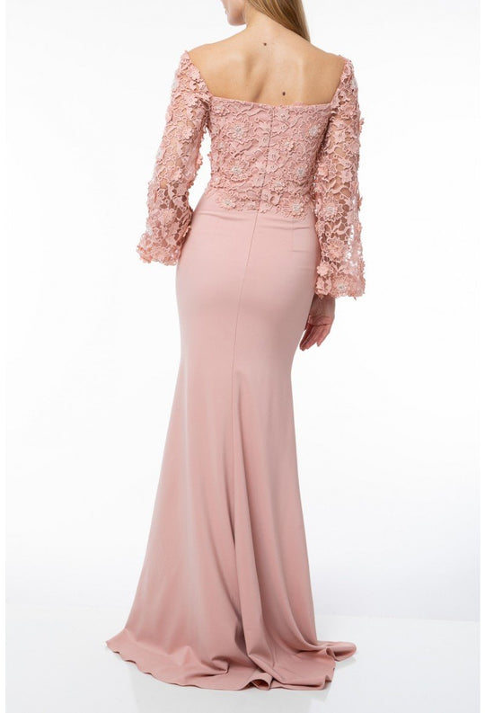 Terani Couture - 1921M0489 Lace Embroidered Sheath Evening Dress In Pink