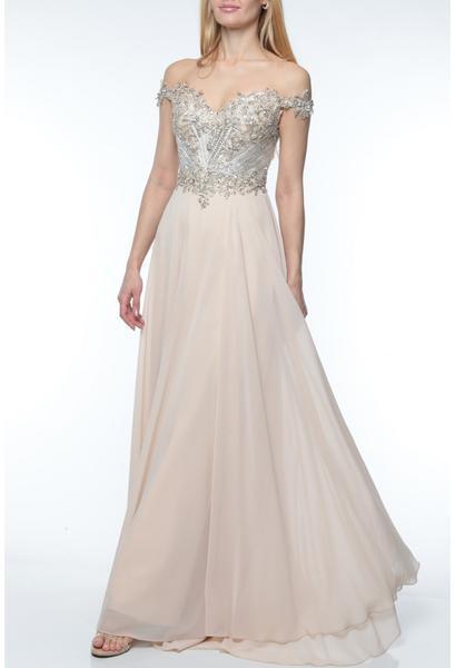 Terani Couture - 1921M0497 Beaded Off-Shoulder A-Line Gown In Silver