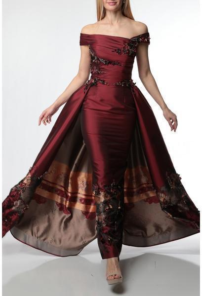 Terani Couture - 1921M0499 Embellished Sheath Dress With Overskirt In Red and Multi-Color