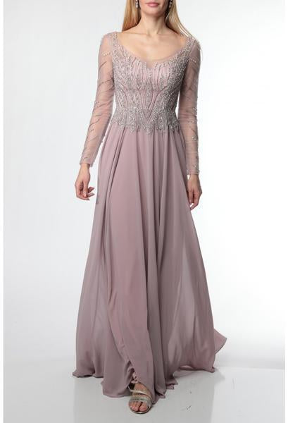 Terani Couture - 1921M0504 Bead Embellished Long Sleeves Gown In Gray