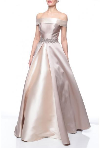 Terani Couture - 1921M0505 Two Tone Off-Shoulder A-line Gown In White and Nude
