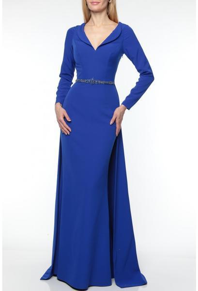Terani Couture - 1921M0724 V-Neck Long Sleeves with Train In Blue