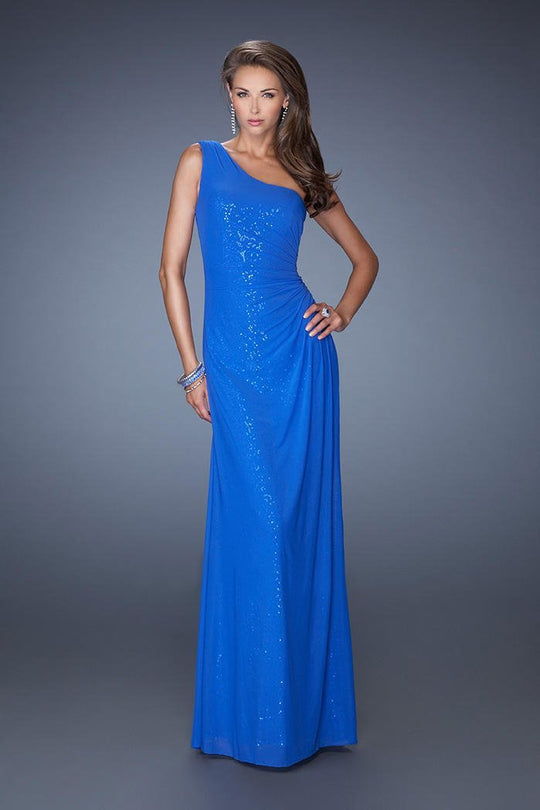 La Femme - 19223 Sequined One Shoulder Net Gown In Blue