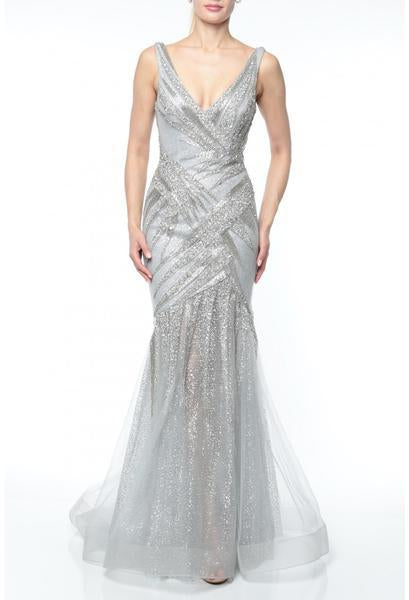 Terani Couture - 1922GL0651 Embellished Plunging V-neck Mermaid Dress