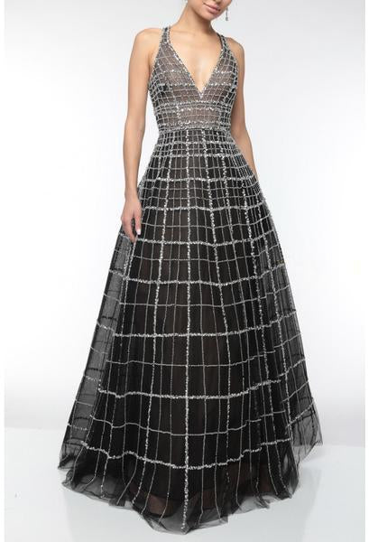 Terani Couture - 1922GL0663 Bedazzled Deep V-neck A-line Dress