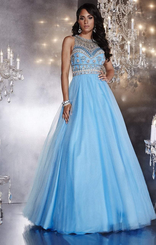 Panoply - Bead Embellished Choker Neck Tulle Ball Gown 14767 in Blue