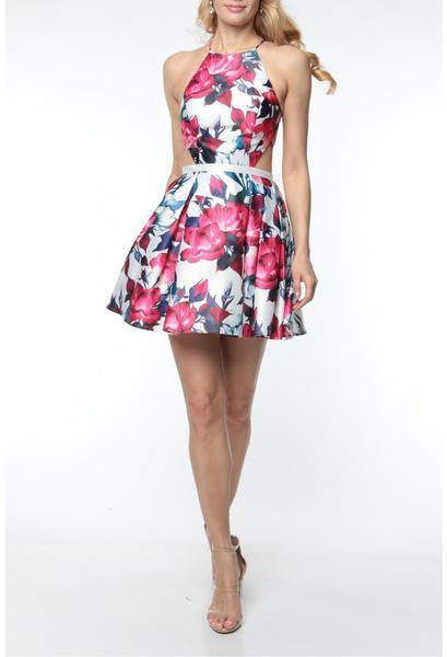 Terani Couture - 1925H0686 Floral Print Pleated A-line Dress In White and Multi-Color