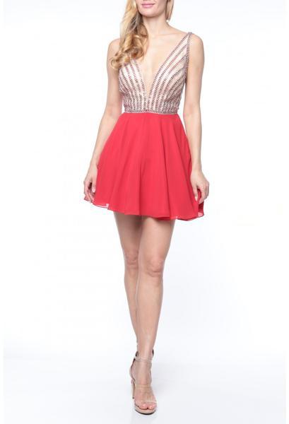 Terani Couture - 1925H0695 Embellished Deep V-neck A-line Dress