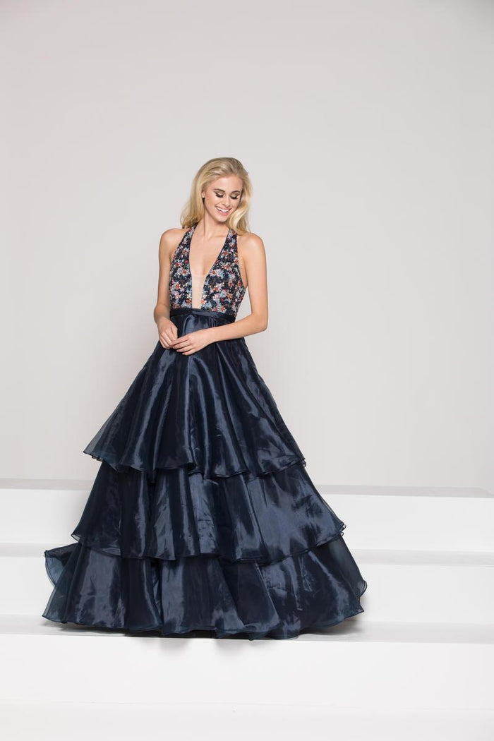 Colors Dress - 1926 Beaded Plunging Halter Tiered Ballgown in Blue