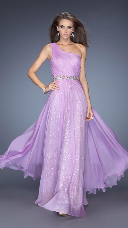 La Femme - Jeweled One Shoulder Strap Asymmetrical Neck Chiffon A-line Dress 19280 In Purple
