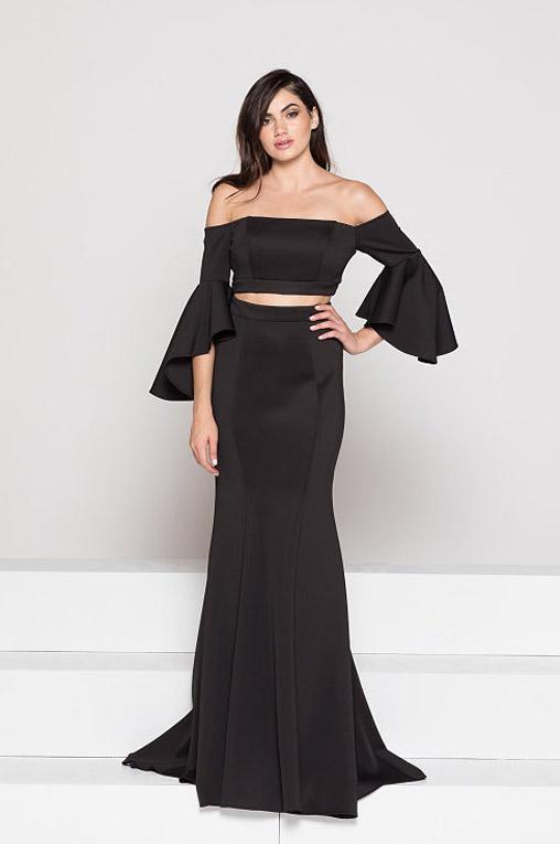 Colors Dress - 1928 Two-Piece Off-Shoulder Flounce Gown In Black