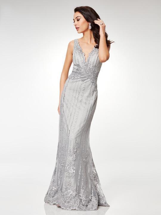 Clarisse - M6501 Adorned Lace Applique Long Sheath Gown In Gray